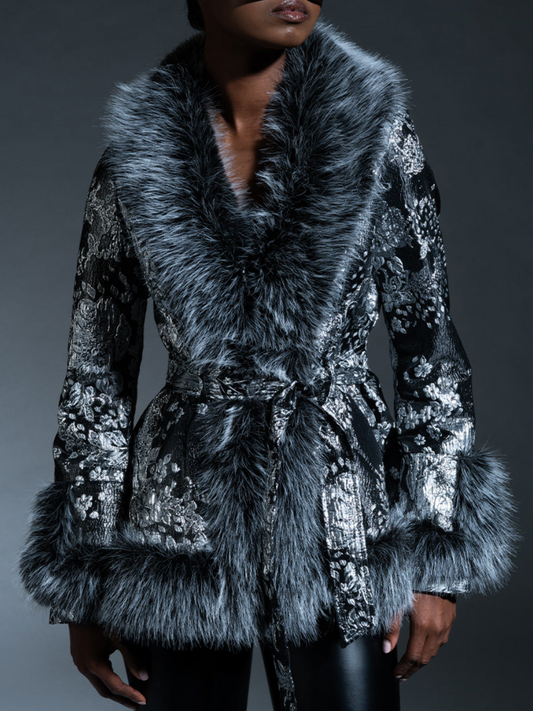 Faux Fur Trim Metallic Floral Coat