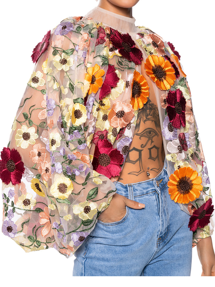 Tulle Mesh Embroidered Print Top
