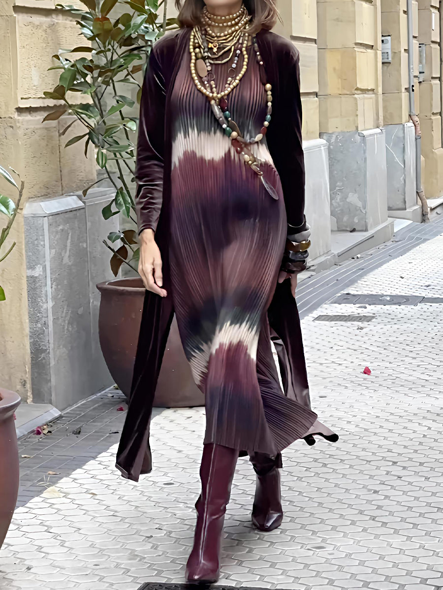 Printed Pleated Dress & Velvet Cardigan