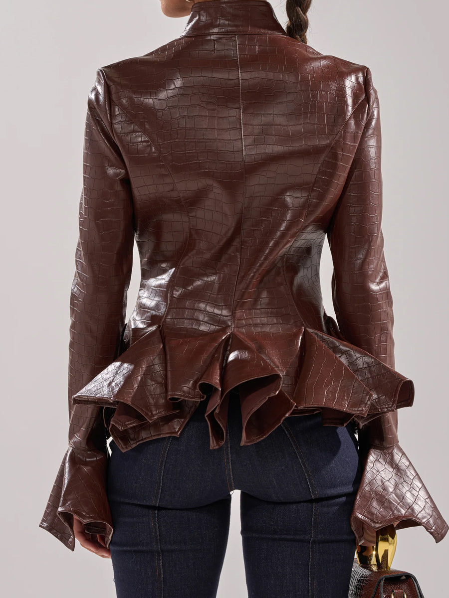 Faux Crocodile Leather Flared Cuffs Jacket