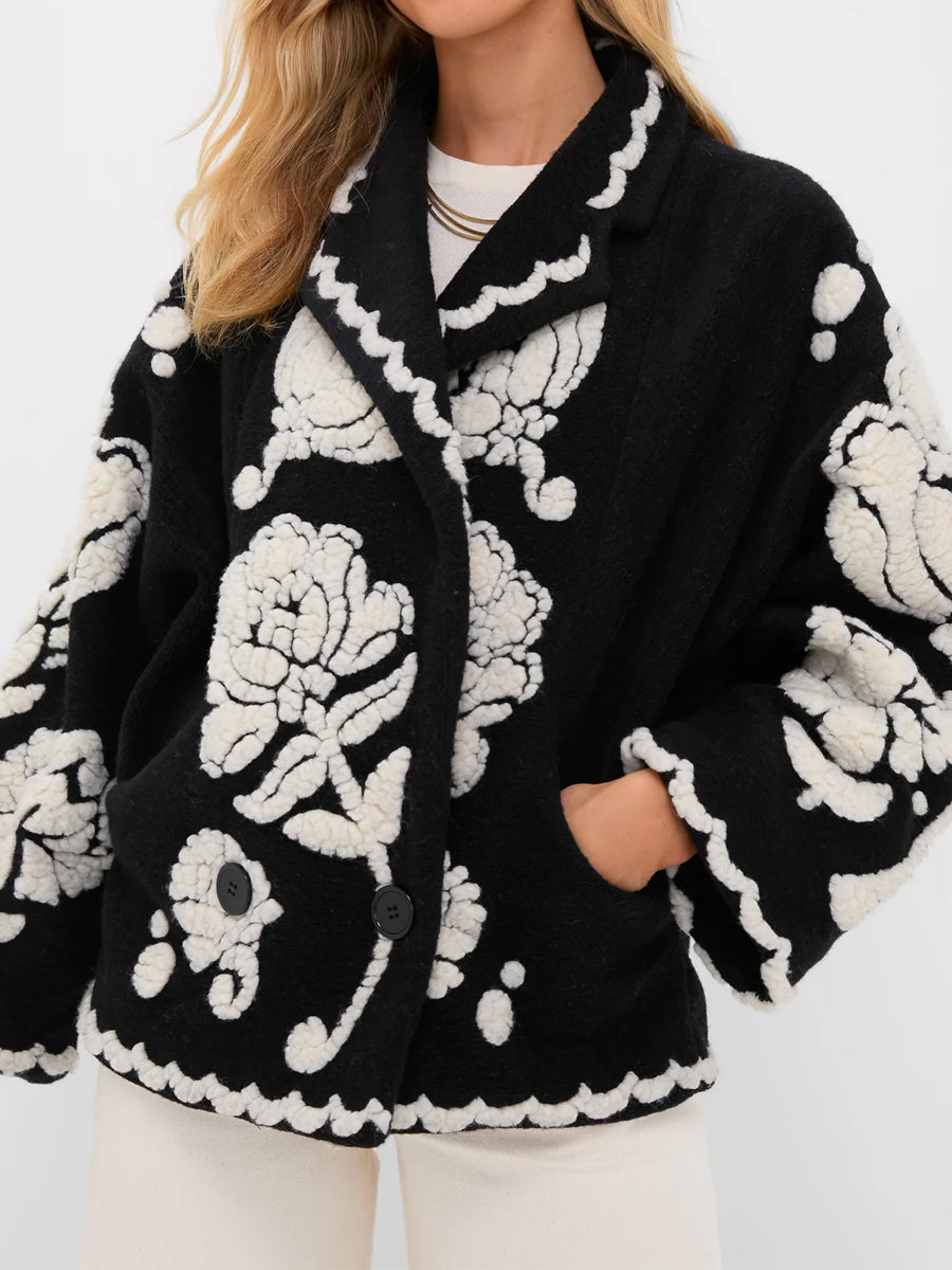 Shawl collar Floral Arabesque Fleece Coat