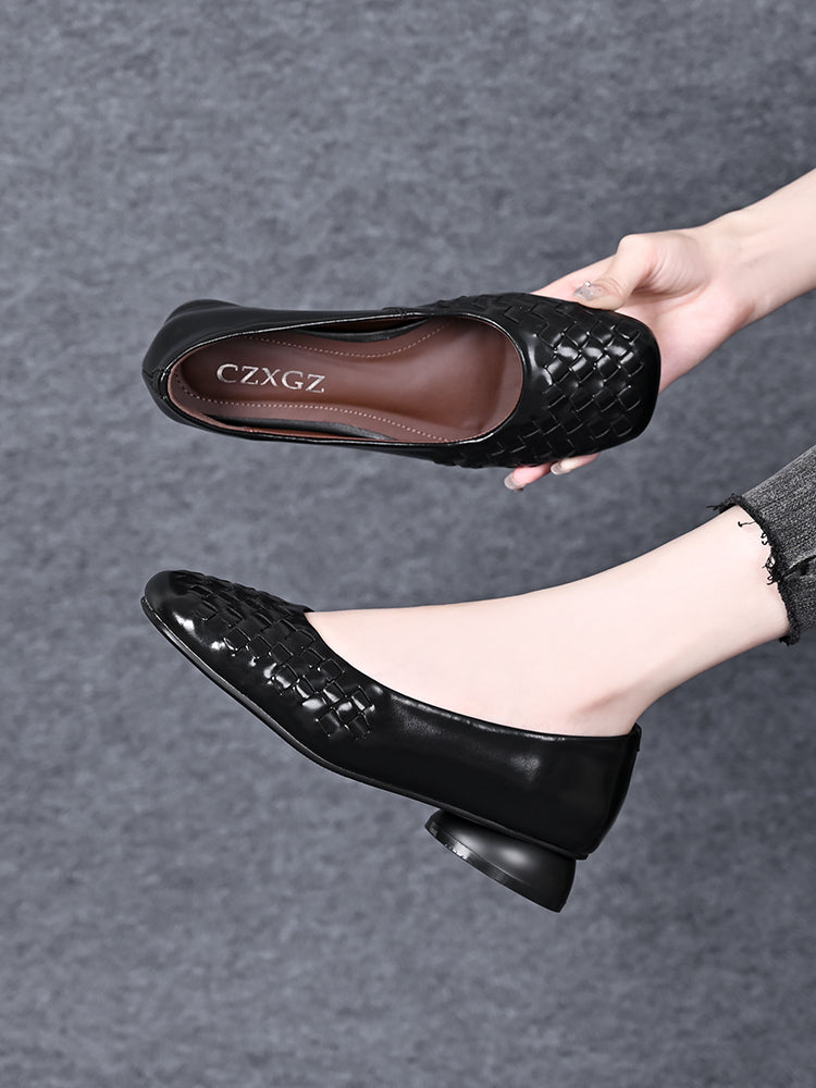 Women's thick heel woven leather shoes