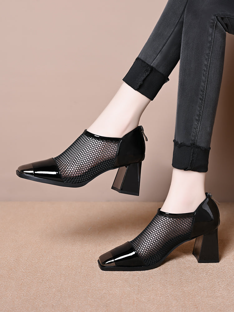 Women's all-match mid-heel mesh leather shoes