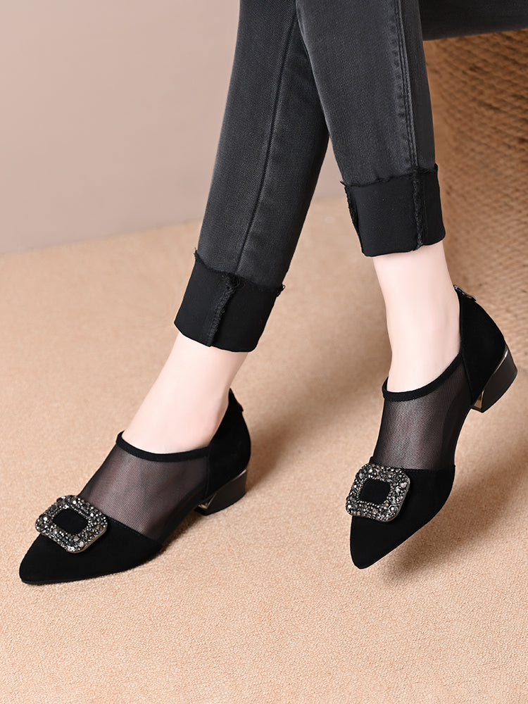 Soft leather mesh hollow low heel versatile leather shoes