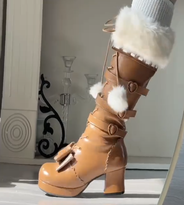 Women's long fur ball leather boots