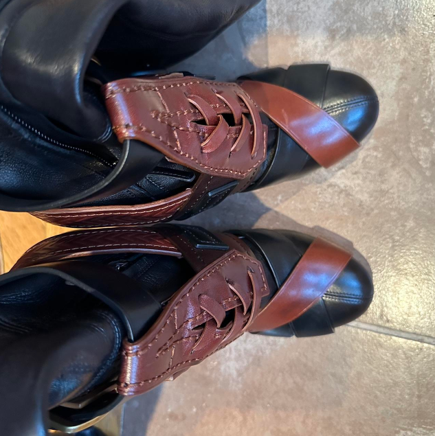 Women's brown leather buckle boots