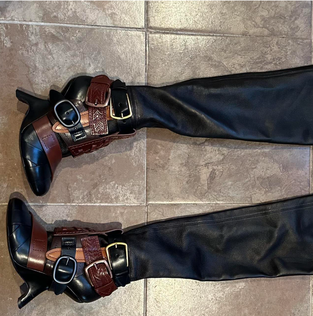 Women's brown leather buckle boots