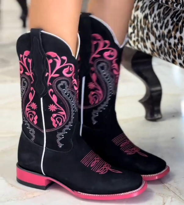 Pink square-heeled leather boots