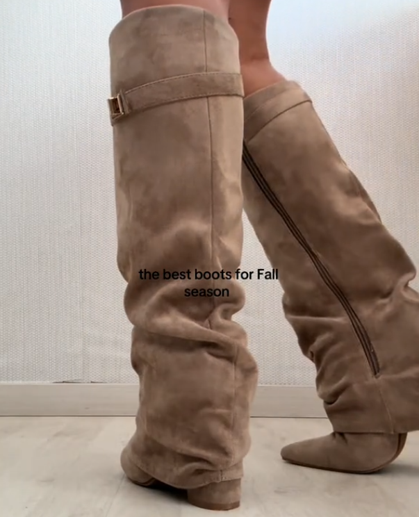 Khaki ruffled over-the-knee women's boots
