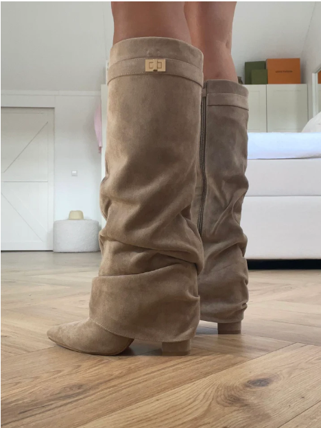Khaki ruffled over-the-knee women's boots