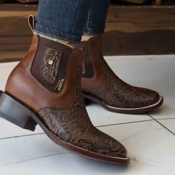 Western-style carved cowboy boots