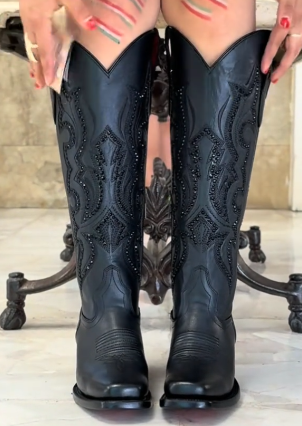 Carved rivet over-the-knee boots