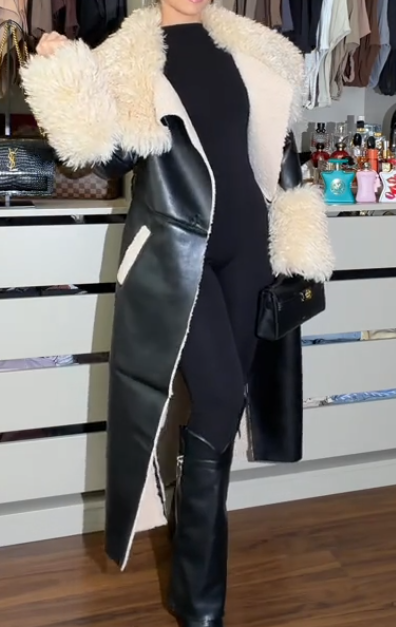 Lambswool trim leather coat