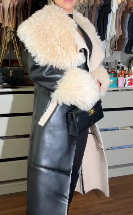 Lambswool trim leather coat