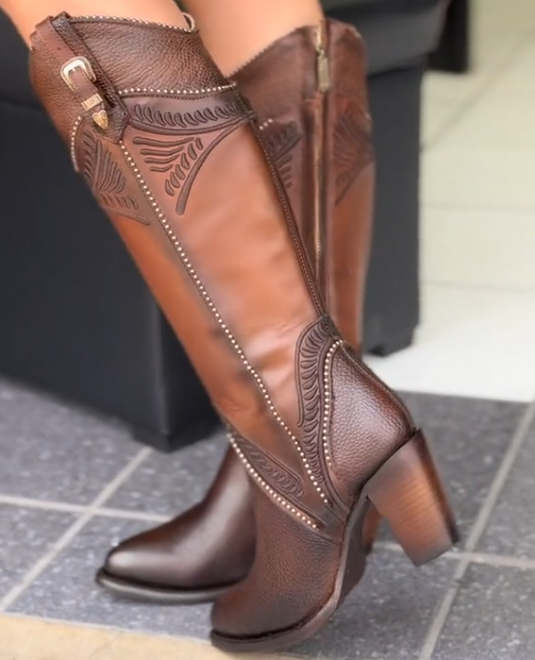 Studded over-the-knee leather boots