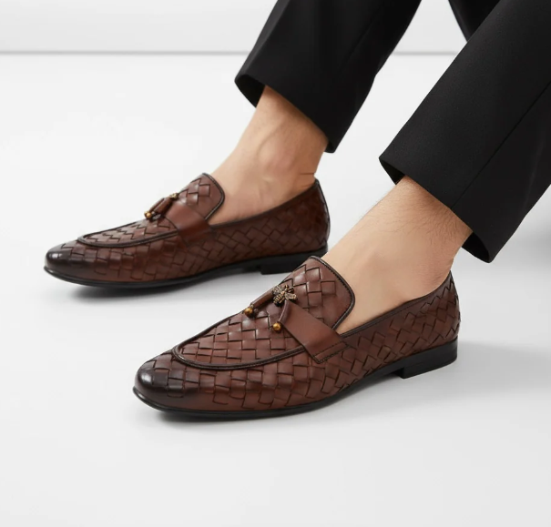 Hand-woven bee-decorated loafers