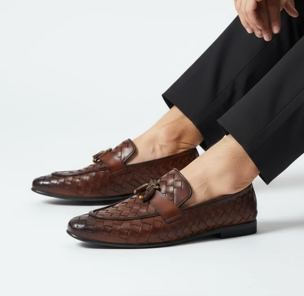 Hand-woven bee-decorated loafers