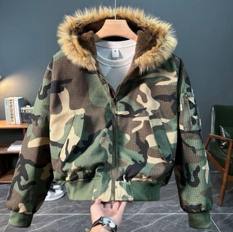 Camouflage fleece hooded men's jacket