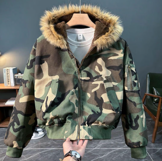 Camouflage fleece hooded men's jacket