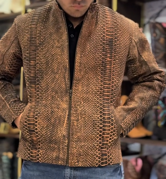 Snake print men's leather jacket