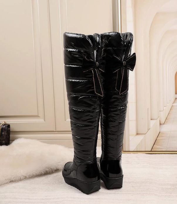 Winter warm plush bowknot over knee boot