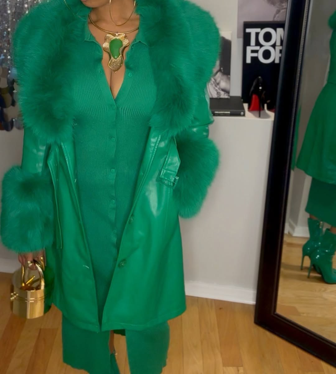 Green leather coat with fur collar