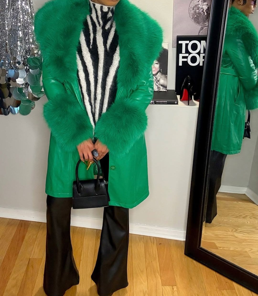Green leather coat with fur collar