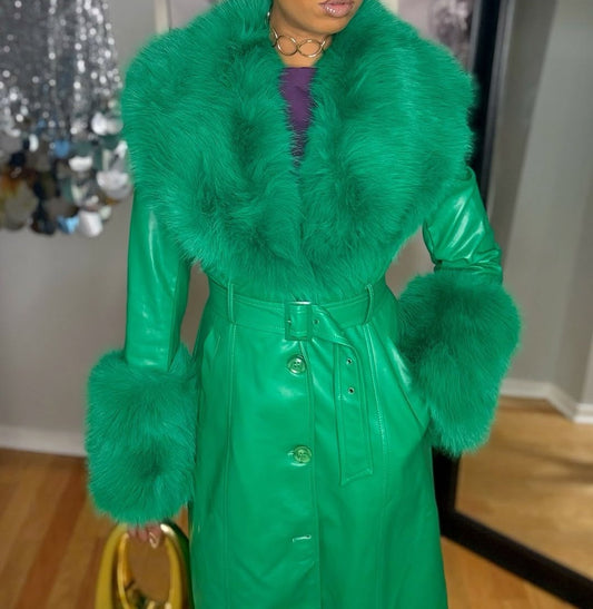Green leather coat with fur collar