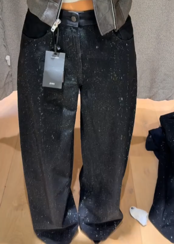 Rhinestone-embellished high-waisted wide-leg jeans