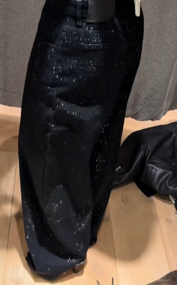 Rhinestone-embellished high-waisted wide-leg jeans