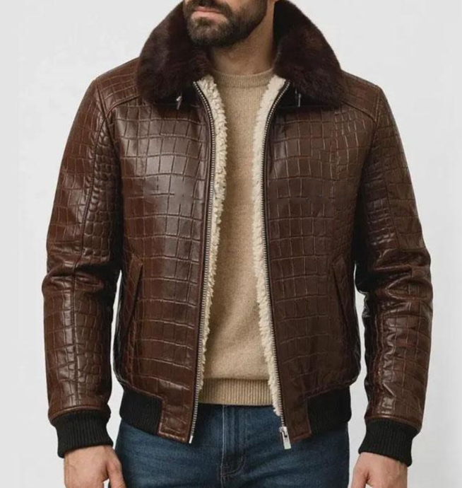 Men's Vintage Plush Warm Crocodile Textured Outdoor Jacket Leather Coat