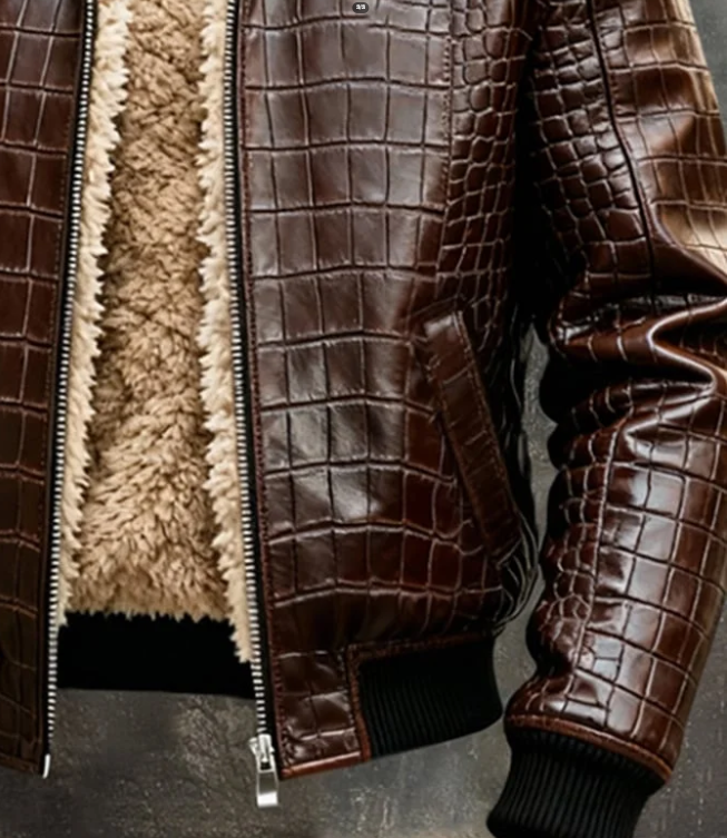 Men's Vintage Plush Warm Crocodile Textured Outdoor Jacket Leather Coat