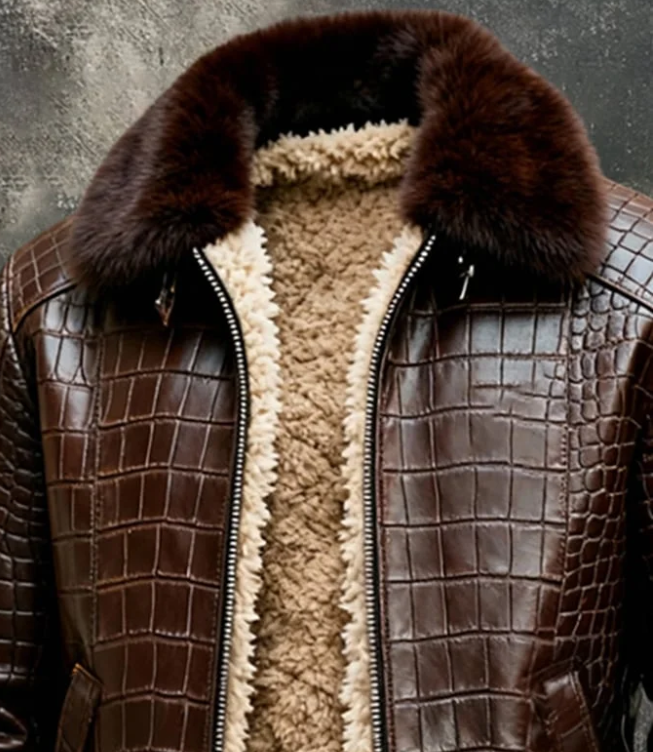 Men's Vintage Plush Warm Crocodile Textured Outdoor Jacket Leather Coat