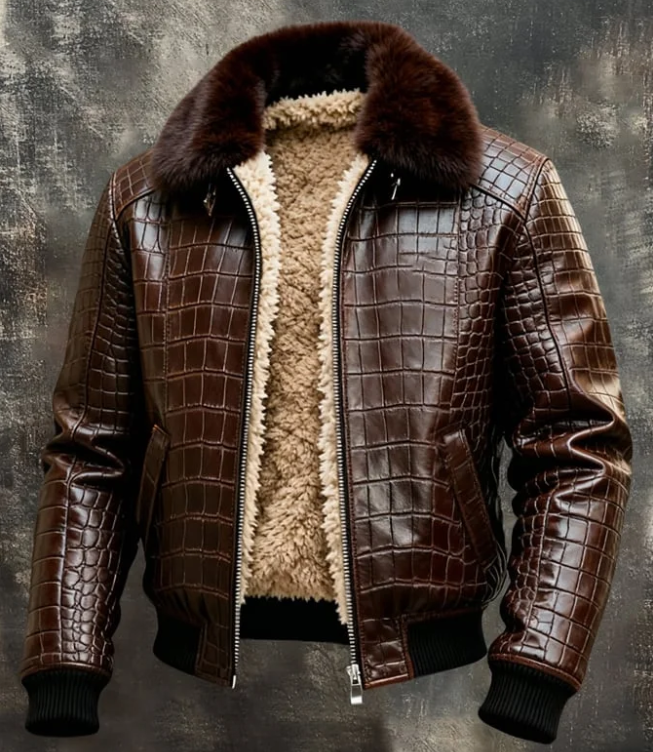 Men's Vintage Plush Warm Crocodile Textured Outdoor Jacket Leather Coat