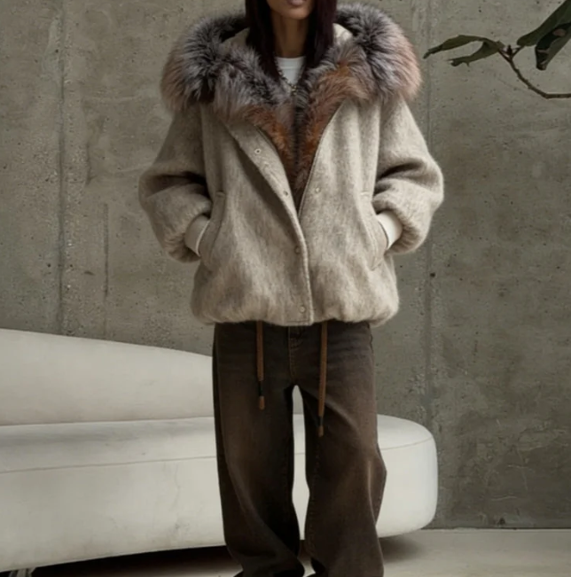 Faux Fur Hooded Wool-Blend Jacket