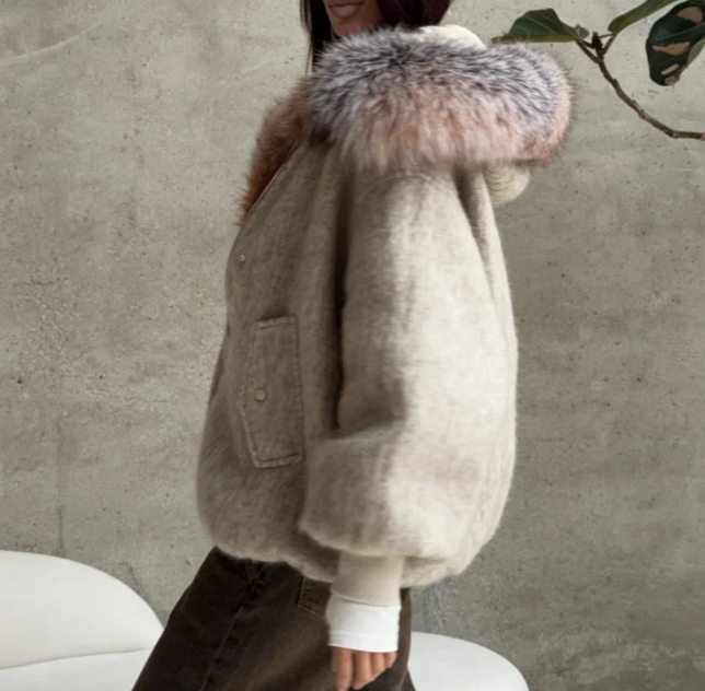 Faux Fur Hooded Wool-Blend Jacket