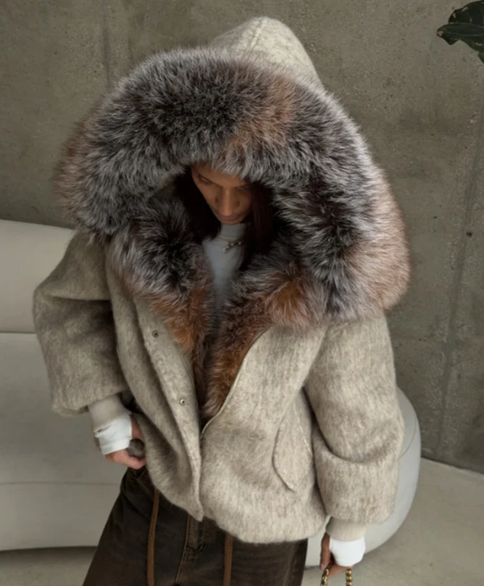 Faux Fur Hooded Wool-Blend Jacket