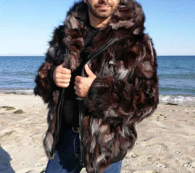 Men hooded fur coat