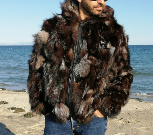 Men hooded fur coat