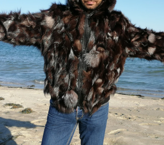 Men hooded fur coat