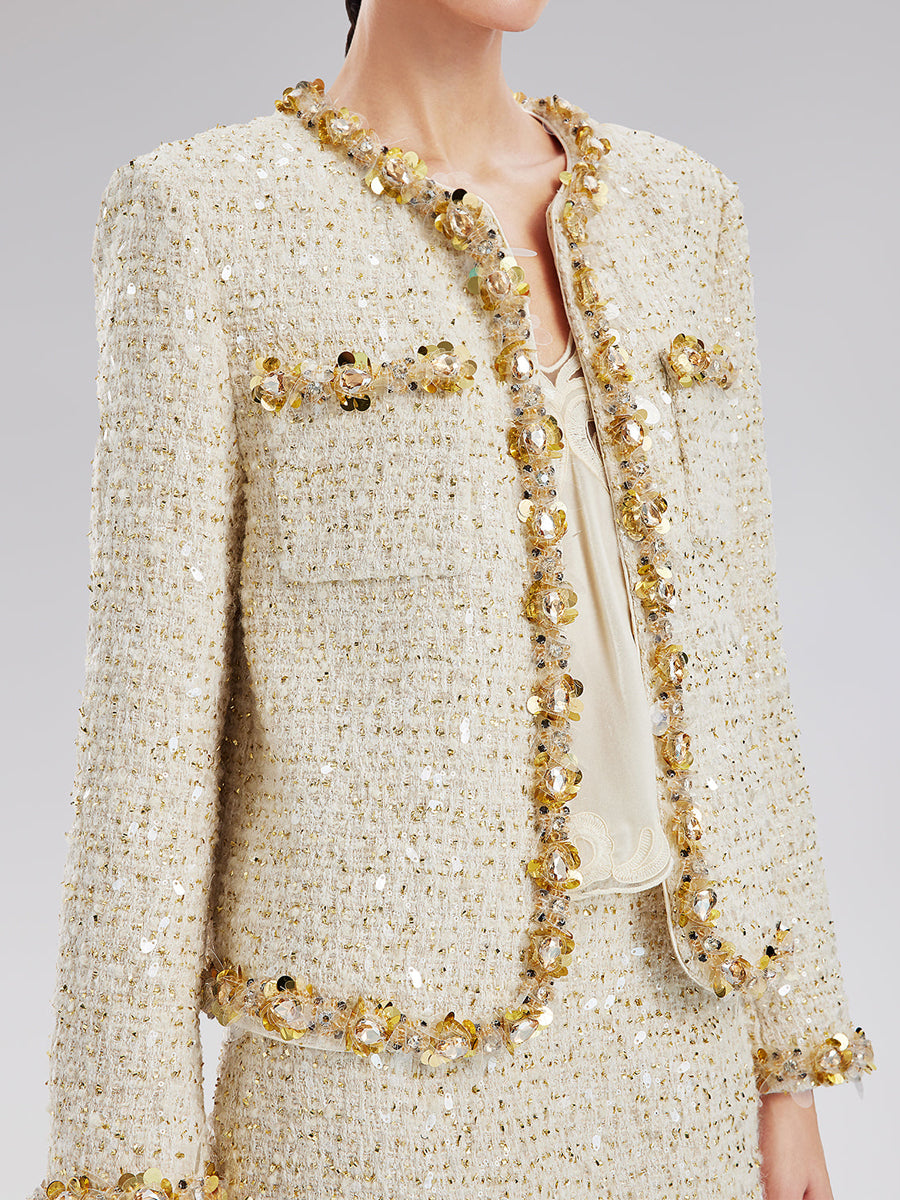 Sequin Tweed Jacket & Mesh-Hem Skirt
