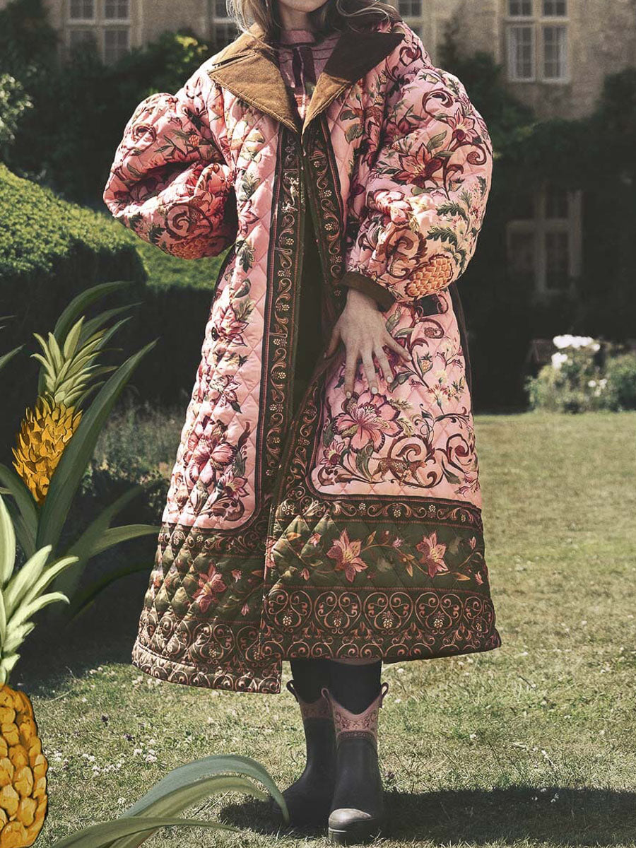 Printed Wide Lape Belted Long Coat