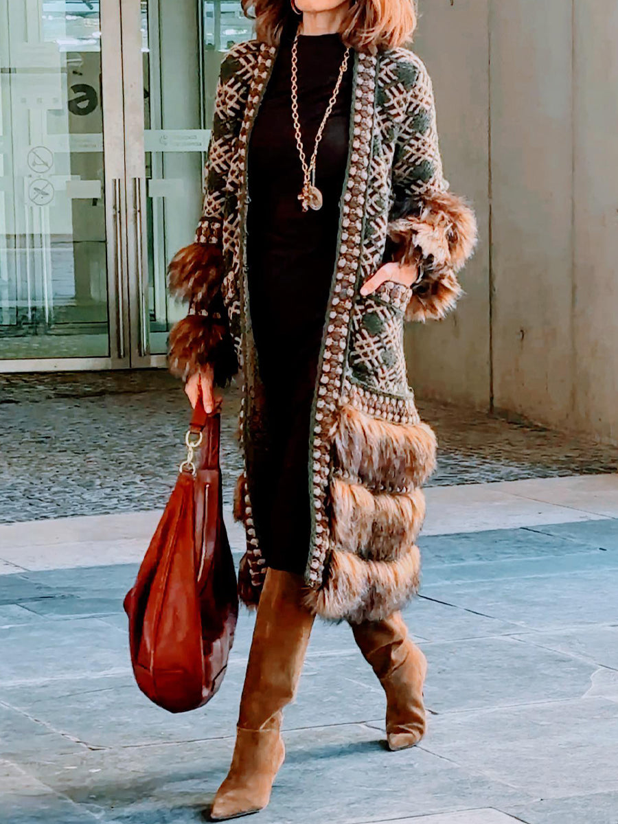 Faux Fur Patchwork Knitted Cardigan