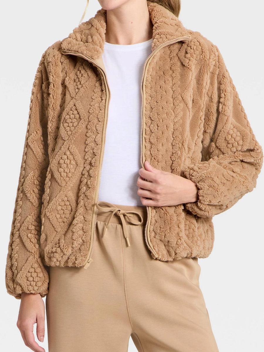 Cable Knit Texture High Pile Fleece Jacket