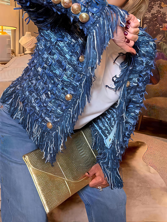 Open Front Tweed Pattern Fringe Jacket