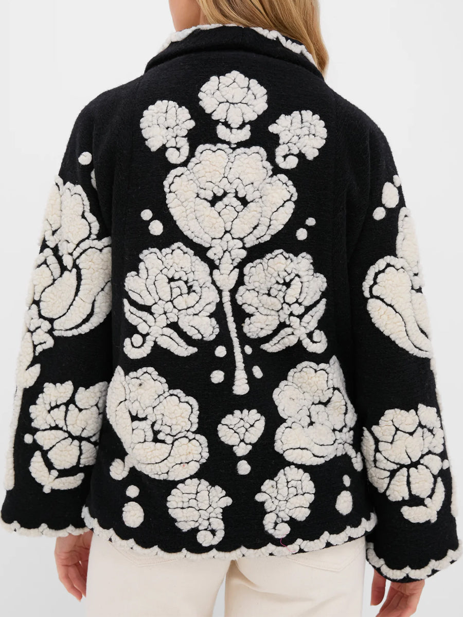 Shawl collar Floral Arabesque Fleece Coat