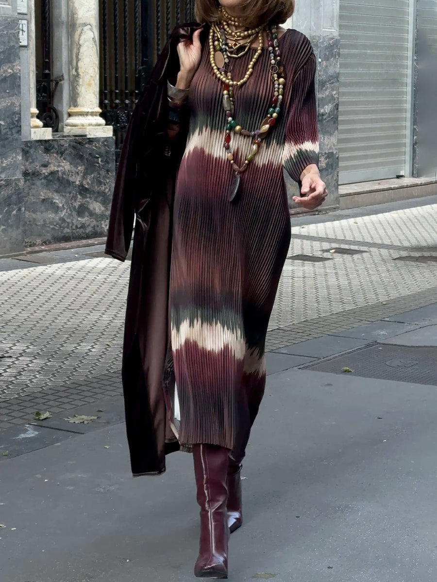 Printed Pleated Dress & Velvet Cardigan