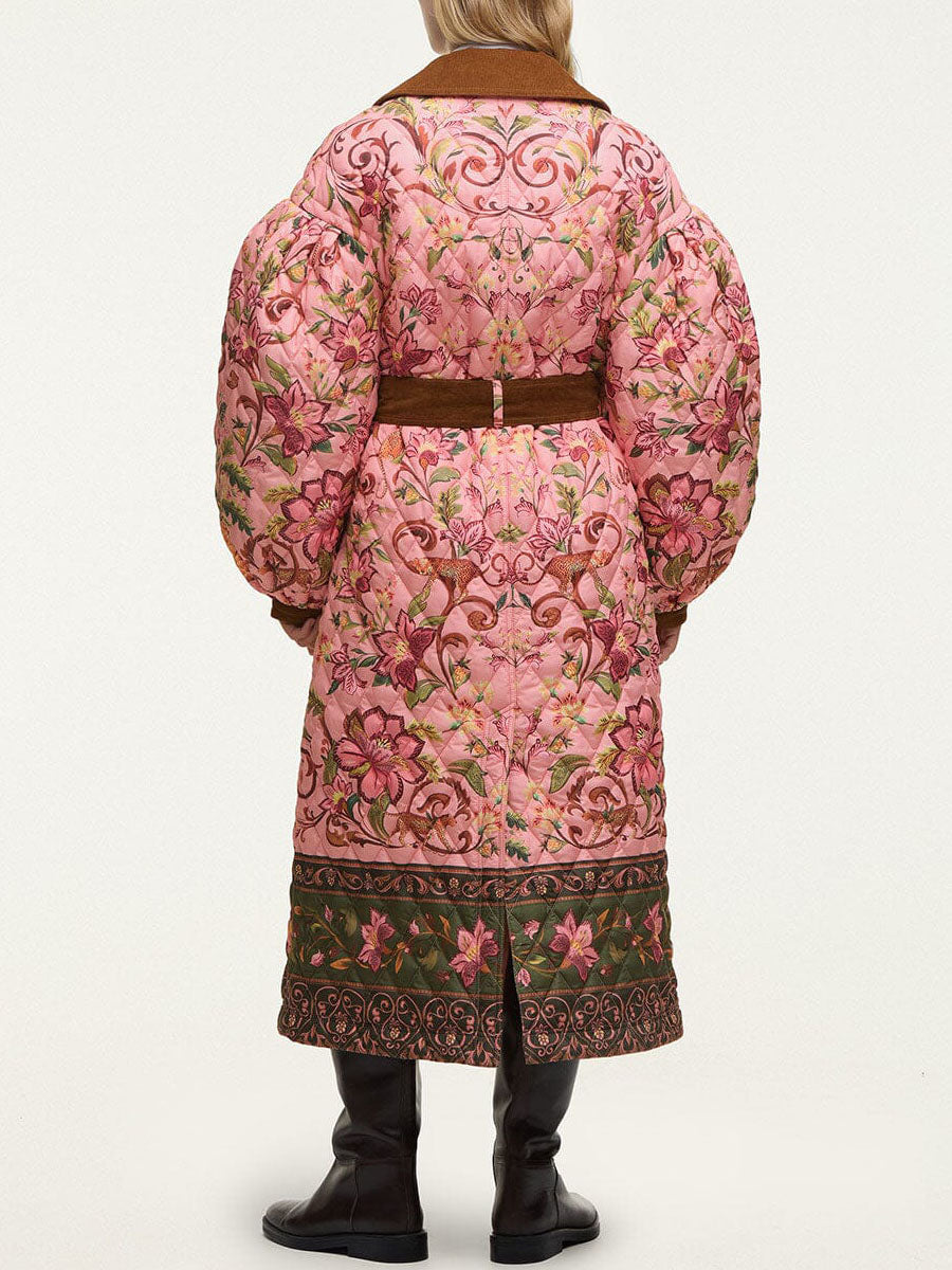 Printed Wide Lape Belted Long Coat