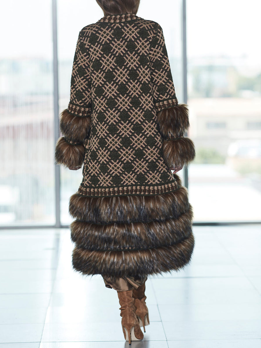 Faux Fur Patchwork Knitted Cardigan