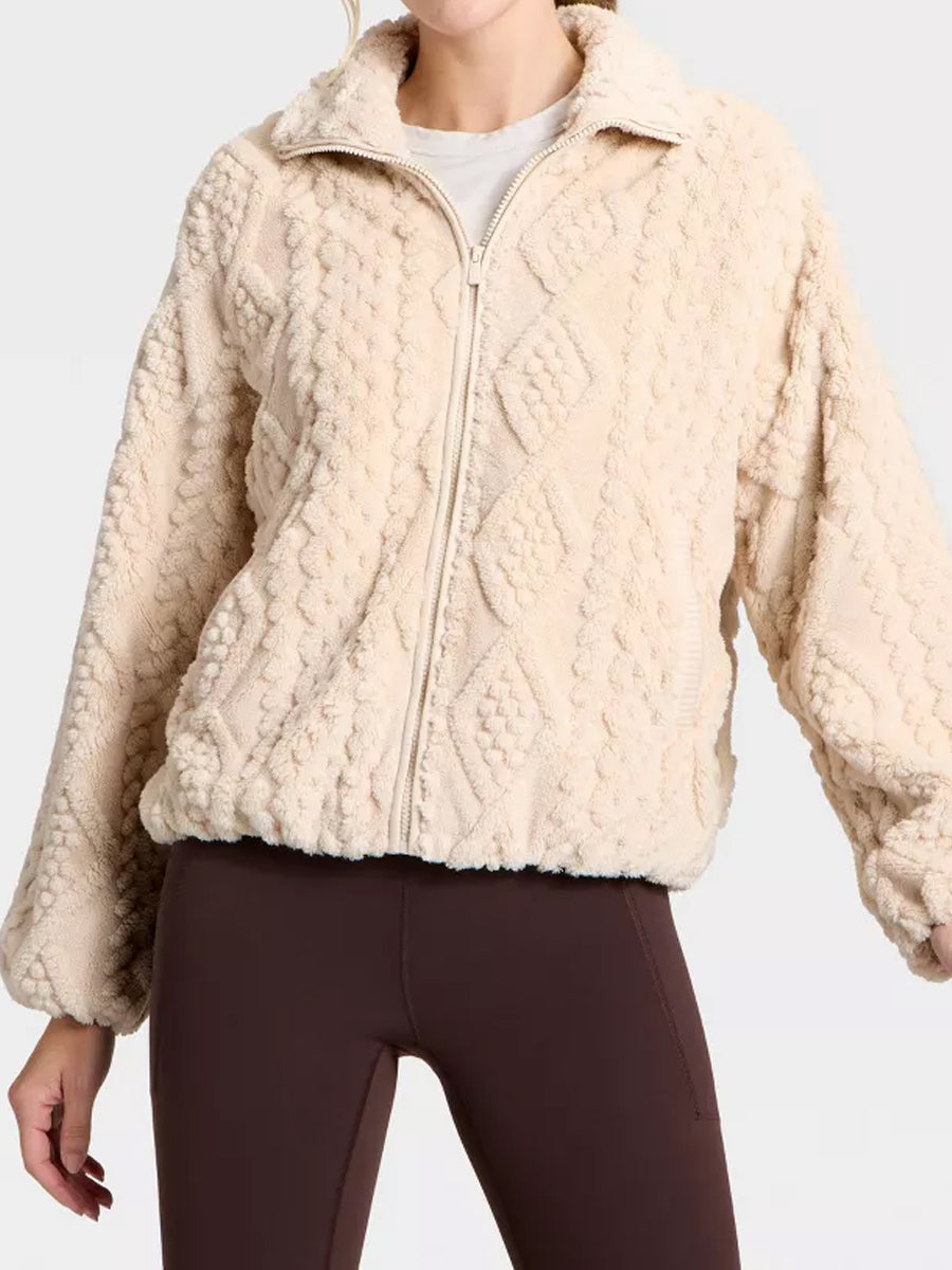 Cable Knit Texture High Pile Fleece Jacket